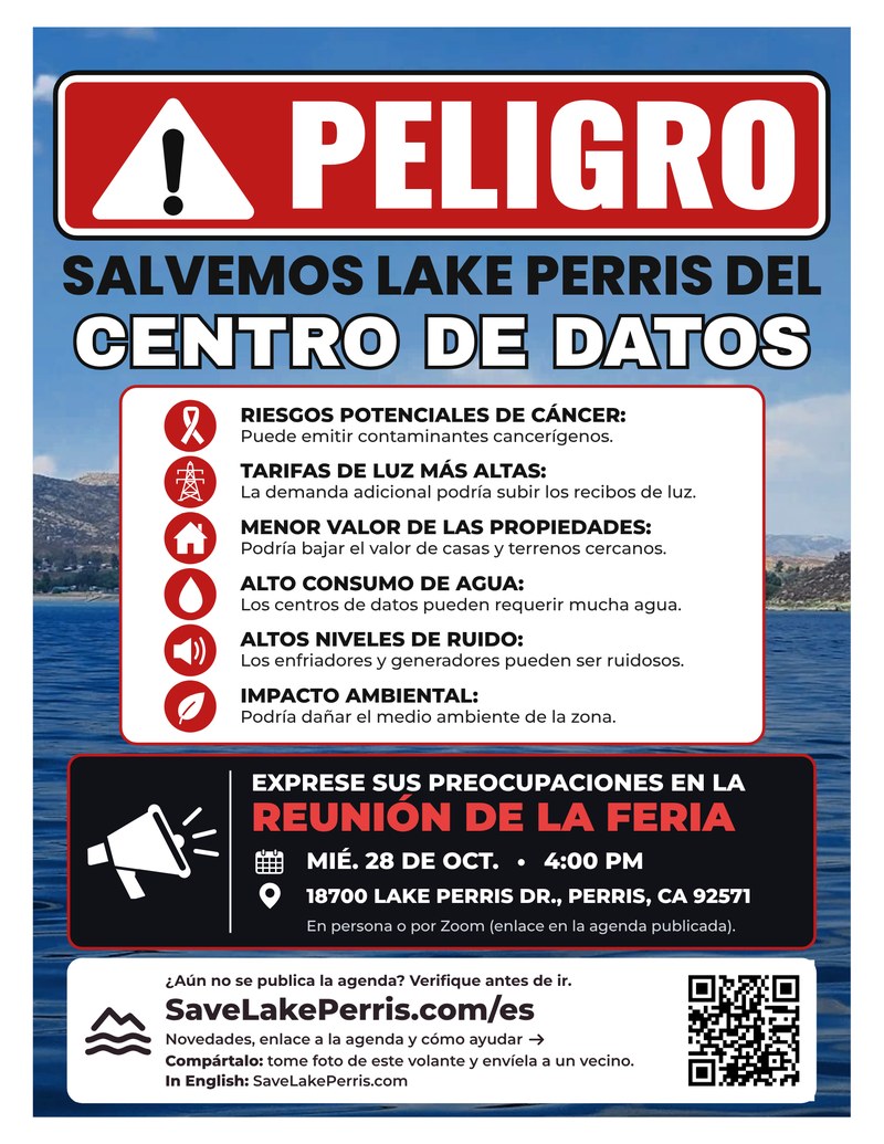 Volante Peligro: Salvemos Lake Perris del centro de datos. Exprese sus preocupaciones en la reunión de la feria, miércoles 28 de octubre, 4:00 pm, 18700 Lake Perris Dr., Perris.