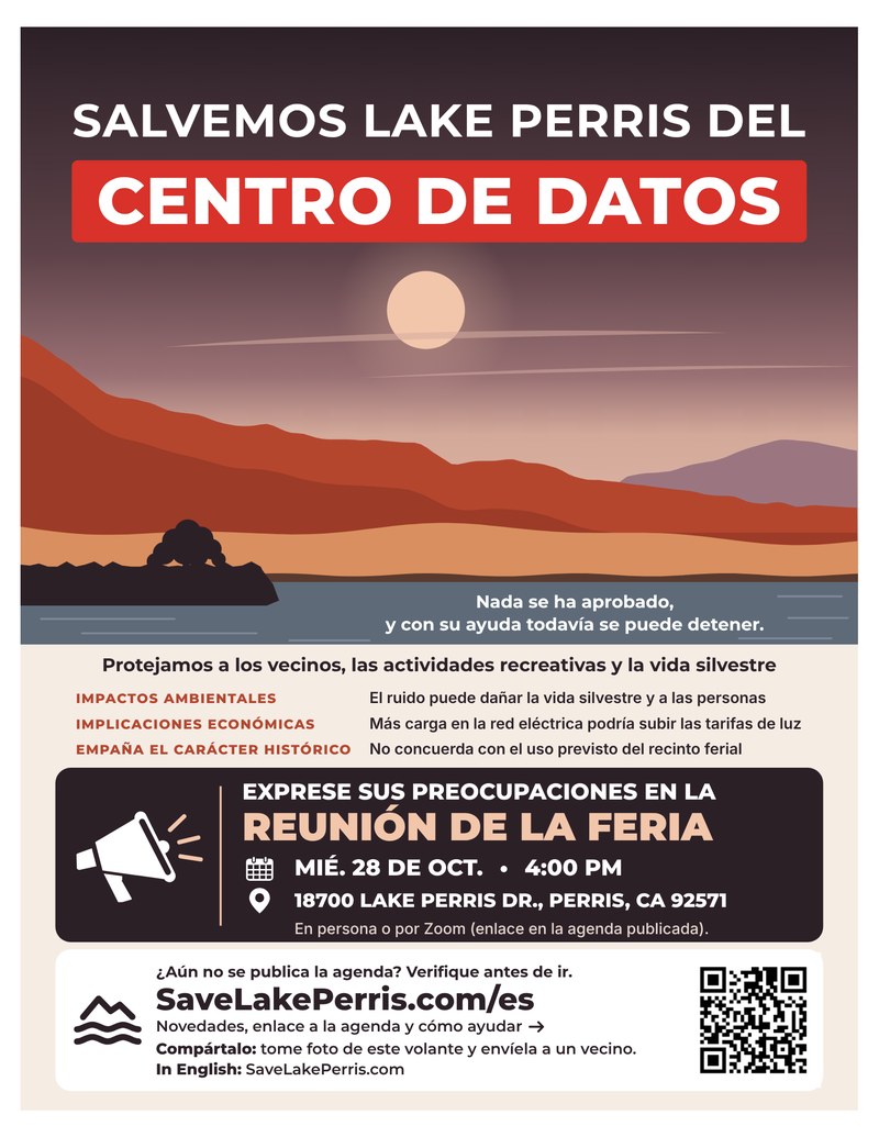 Volante Moonrise: Salvemos Lake Perris del centro de datos. Reunión de la feria el miércoles 28 de octubre.