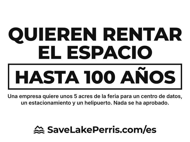 Letrero: Quieren rentar el espacio hasta 100 años. Una empresa quiere unos 5 acres de la feria para un centro de datos, un estacionamiento y un helipuerto. Nada se ha aprobado.